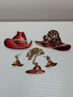 Red Hat Jewelry Set - Brooches, Necklace & Earrings